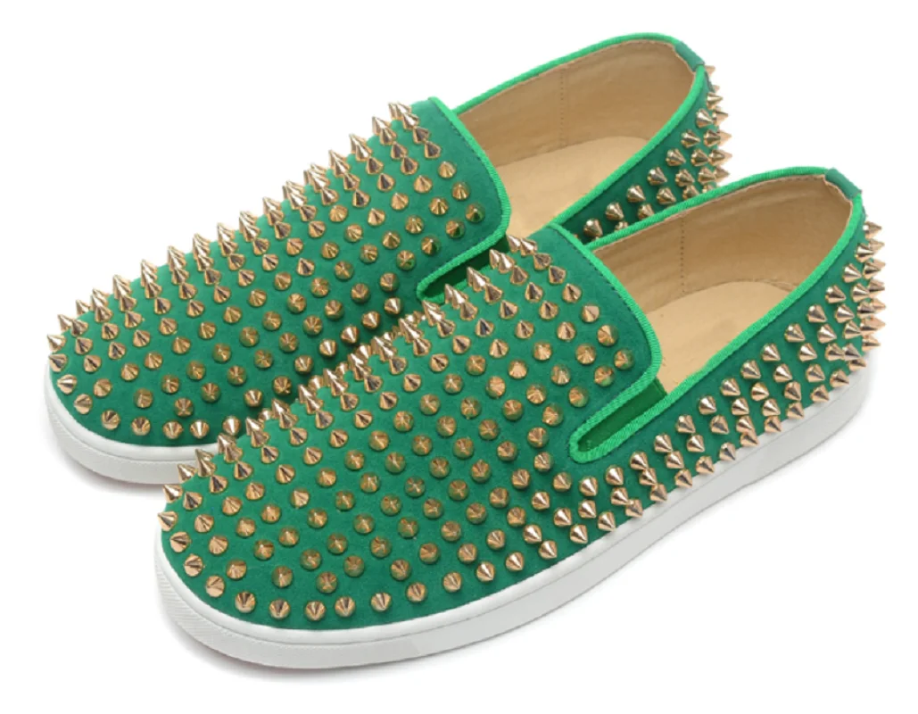 

Luxurious Casual Green Frosted Leather Low Top Gold Spiked Shoes Flat Bottom Red Sole Round Head Lefu Shoes Men's Sports Shoes