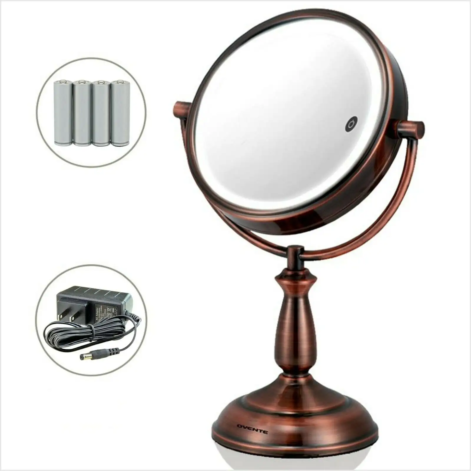 

NEW Lighted Vanity Mirror Tabletop 8.5'' 1X 5X Magnifier Adjustable Double Sided 3 Tone Smart Touch Round LED 15 Min Auto Shut O