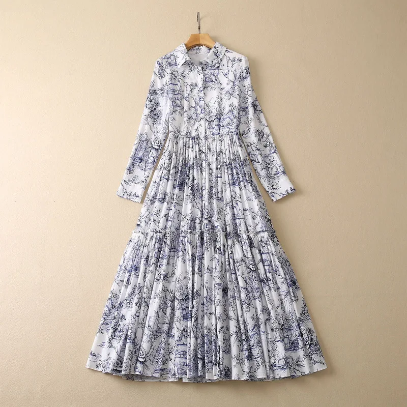 European and American women's wear for winter 2022 Long sleeve lapel blue printed cotton Fashion pleated dress
European and American women's wear for winter 2022 Long sleeve lapel blue printed cotton Fashion pleated dress