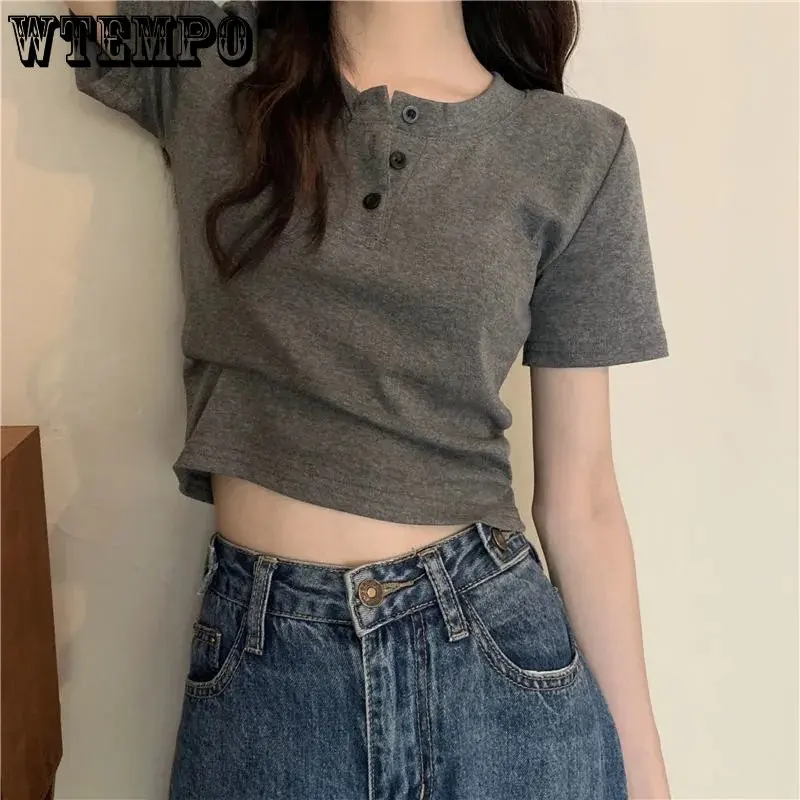 WTEMPO Women Button Short Sleeve Cropped Tops Ladies Fashion New Solid Basic Shirts Casual Skinny White Black Gray Slim Tops
WTEMPO Women Button Short Sleeve Cropped Tops Ladies Fashion New Solid Basic Shirts Casual Skinny White Black Gray Slim Tops