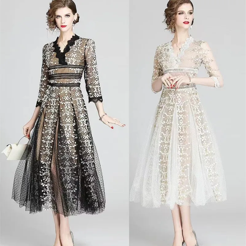 Women Runway Designer Fashion Lace Flower Embroidery A Line Luxury Party Dinner Dresses Lady Elegant Retro Robes
Women Runway Designer Fashion Lace Flower Embroidery A Line Luxury Party Dinner Dresses Lady Elegant Retro Robes
