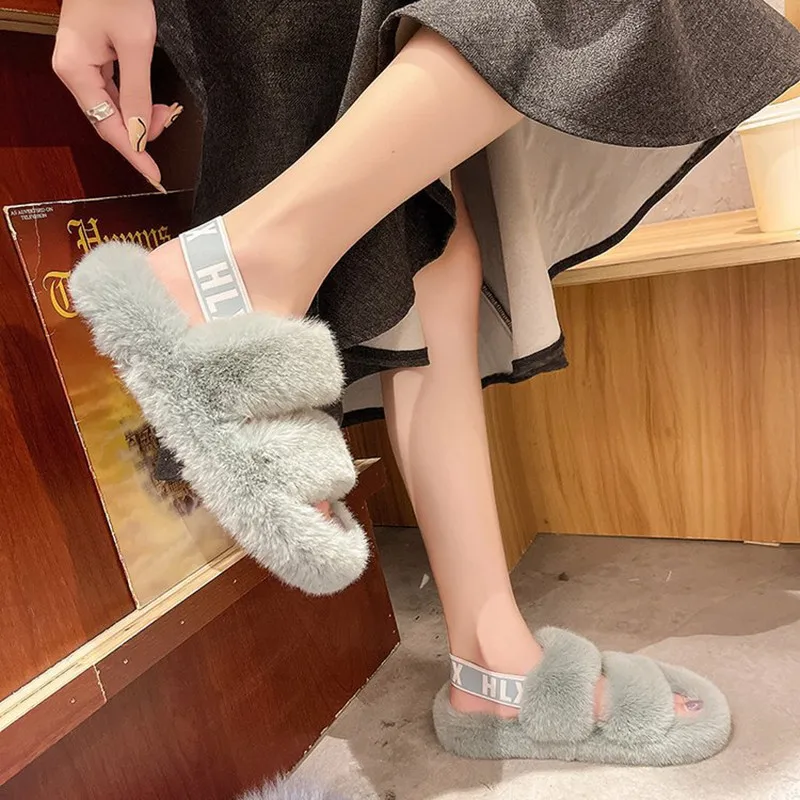 

Winter New Foreign Trade Plus Size Plush Drag Outside Wear Women's Cotton Slippers Plush Warm Cross-border Word Drag Home Shoes