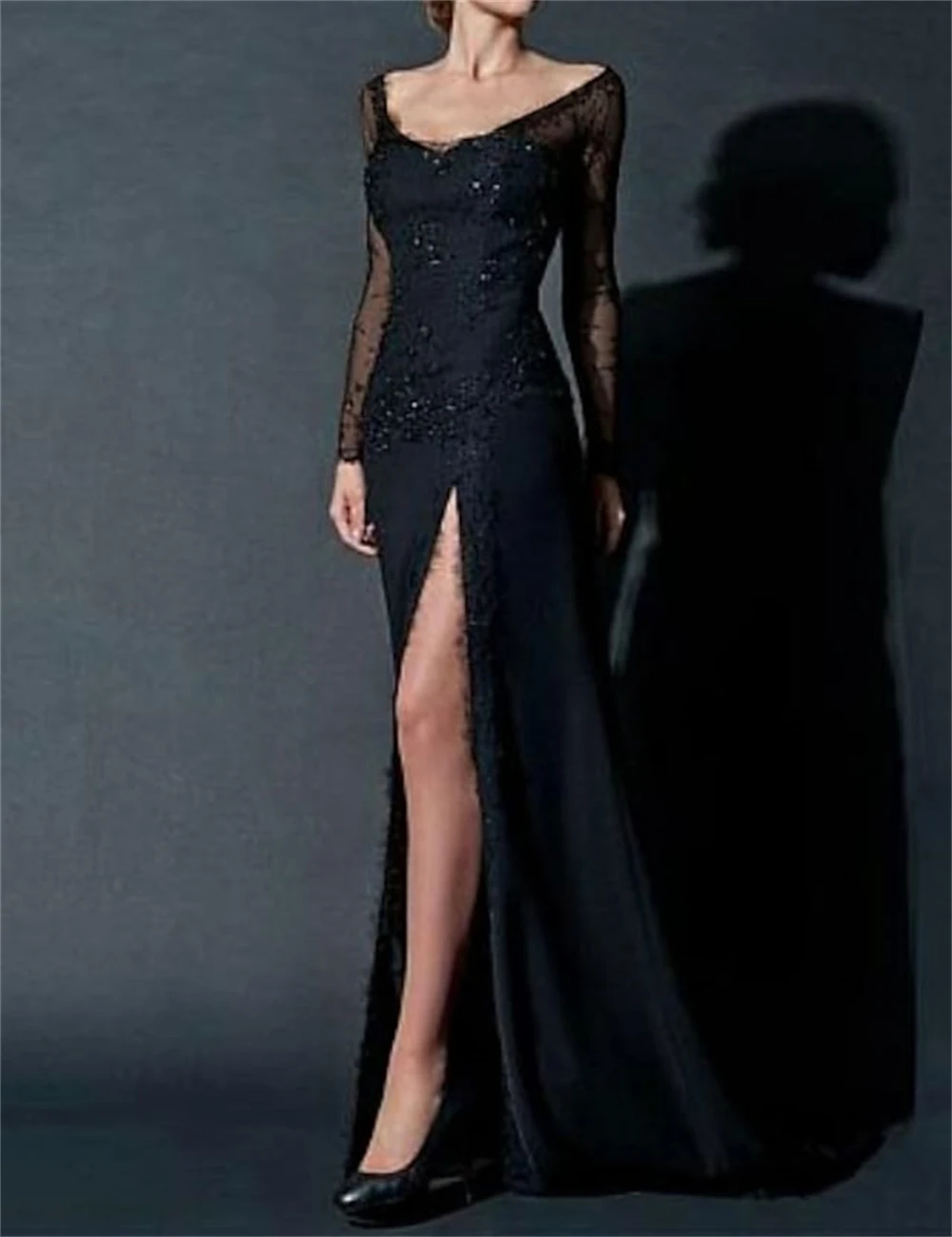 

Sexy Engagement Formal Evening Dresses Scoop Neck Long Sleeve Floor Length Sheath/Column Chiffon with Beading Lace Insert Split