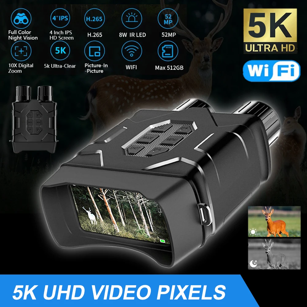 Бинокль NV016, 5K UHD, 4 дюйма, Wi-Fi, 52 МП, 10X цифровой зум, функция ночного видения, для охоты и кемпинга
Бинокль NV016, 5K UHD, 4 дюйма, Wi-Fi, 52 МП, 10X цифровой зум, функция ночного видения, для охоты и кемпинга