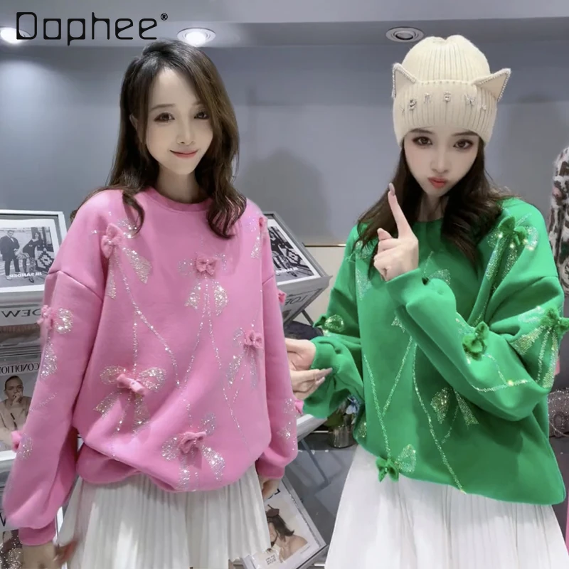 Green Rhinestone Bowknot Sweatshirts Female 2022 Spring New Loose Round-Neck with Fleece Lining Long Sleeve Pullover Top Ladies
Green Rhinestone Bowknot Sweatshirts Female 2022 Spring New Loose Round-Neck with Fleece Lining Long Sleeve Pullover Top Ladies