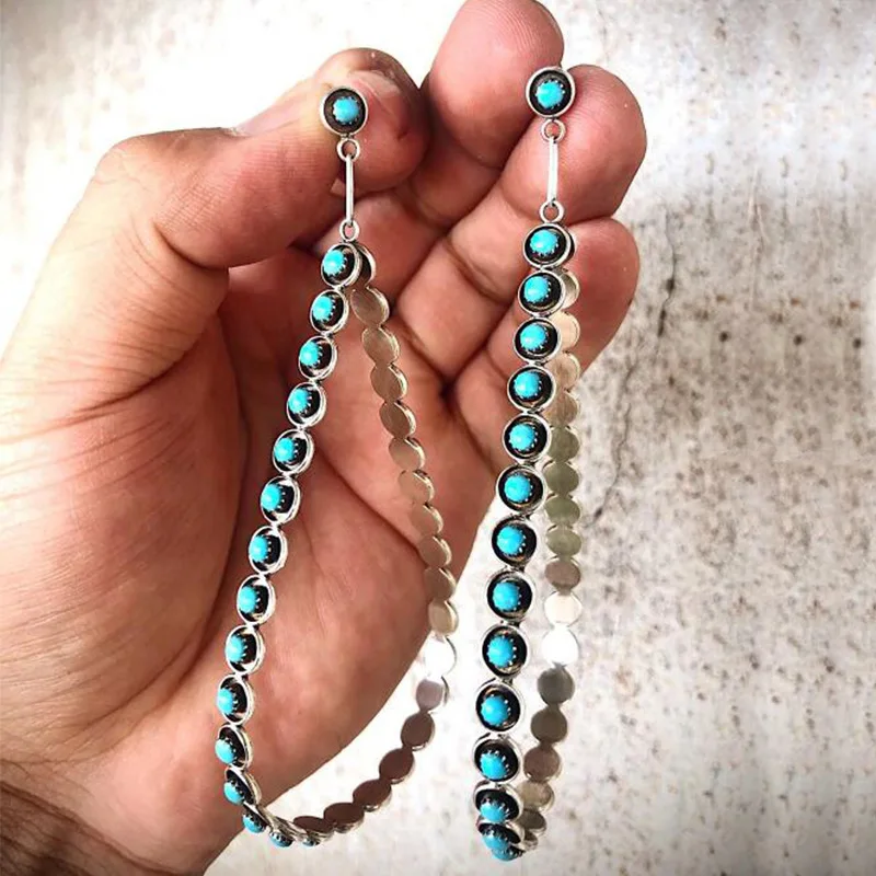 NAVAJO TURQUOISE LONG LOOP EARRINGS for Women Sleeping Beauty Large Hoop Earrings with Stone Tear Drop Turquoise Stones Accessor
NAVAJO TURQUOISE LONG LOOP EARRINGS for Women Sleeping Beauty Large Hoop Earrings with Stone Tear Drop Turquoise Stones Accessor