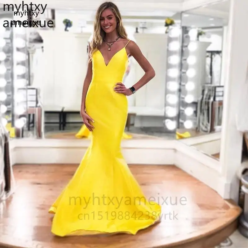 Sexy Cheap Mermaid Evening Dresses V-neck Long 2022 Yellow Satin Spaghetti Straps Robe De Soiree Women Formal Party
Sexy Cheap Mermaid Evening Dresses V-neck Long 2022 Yellow Satin Spaghetti Straps Robe De Soiree Women Formal Party