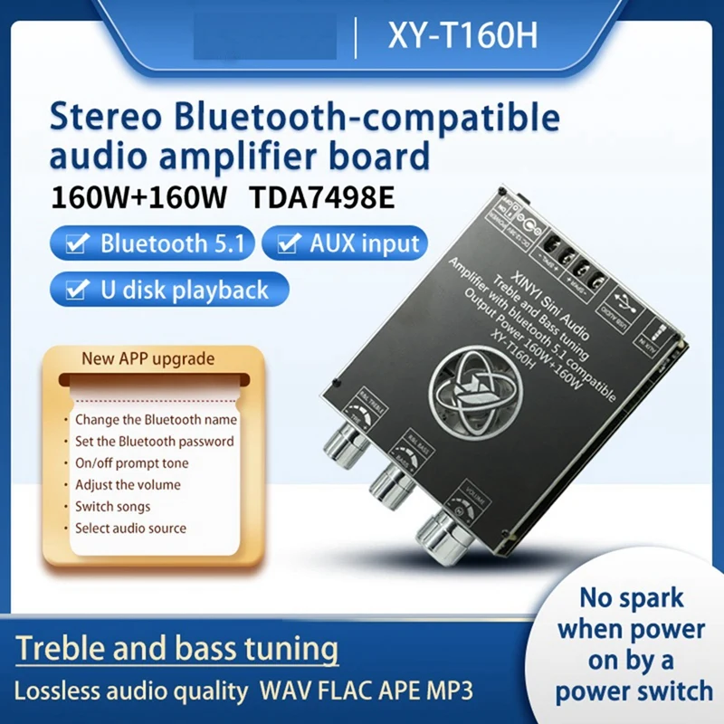 

160Wx2 TDA7498E Bluetooth 5.0 Stereo Treble Bass Adjustment Audio Power Amplifier Board Dual Channel Heat Sink T160H