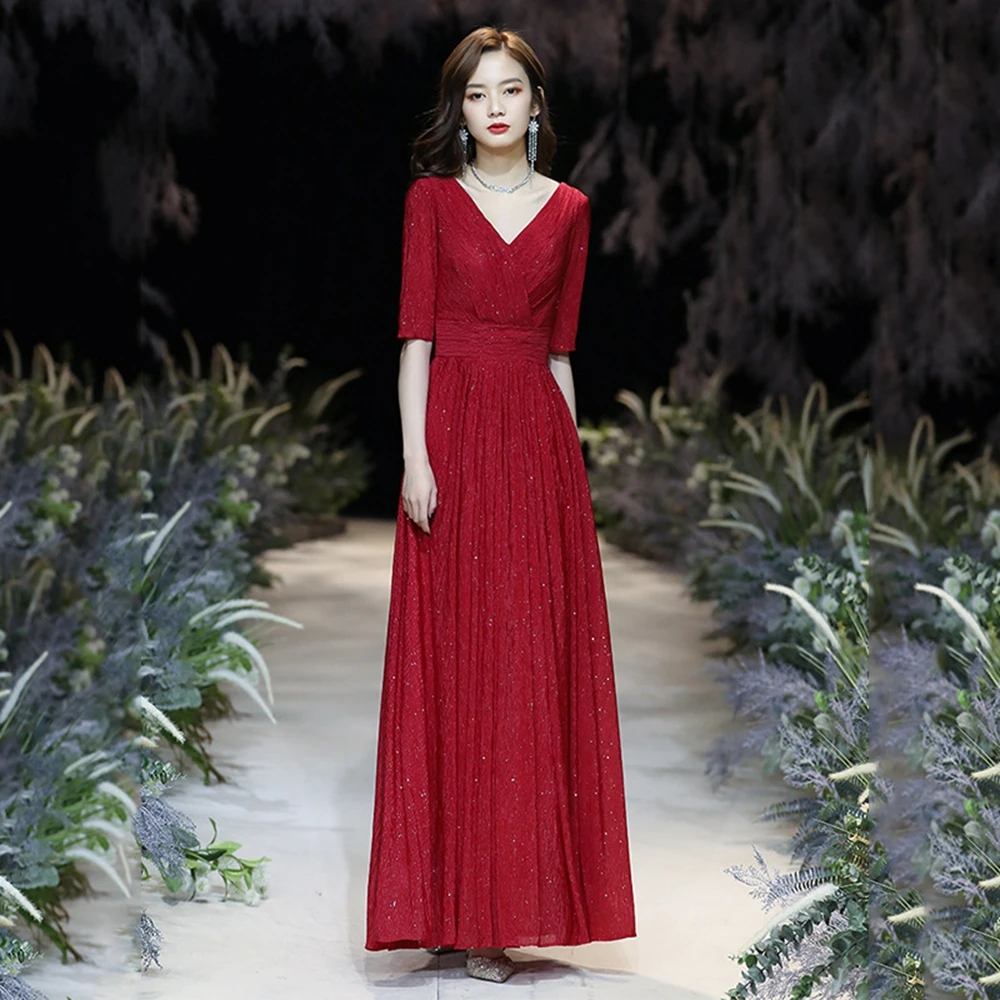 Prom Dresses V-Neck Floor-Length Dresses Woman Party Night Evening Dress with Half Sleeves
Prom Dresses V-Neck Floor-Length Dresses Woman Party Night Evening Dress with Half Sleeves