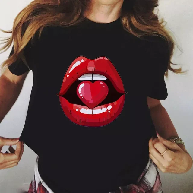 

2023New Red Mouth Lip Kiss Printed Girl Black Tshirt Summer Funny Leopard Graphic Tee Shirt Femme Harajuku T Shirt,Drop Ship