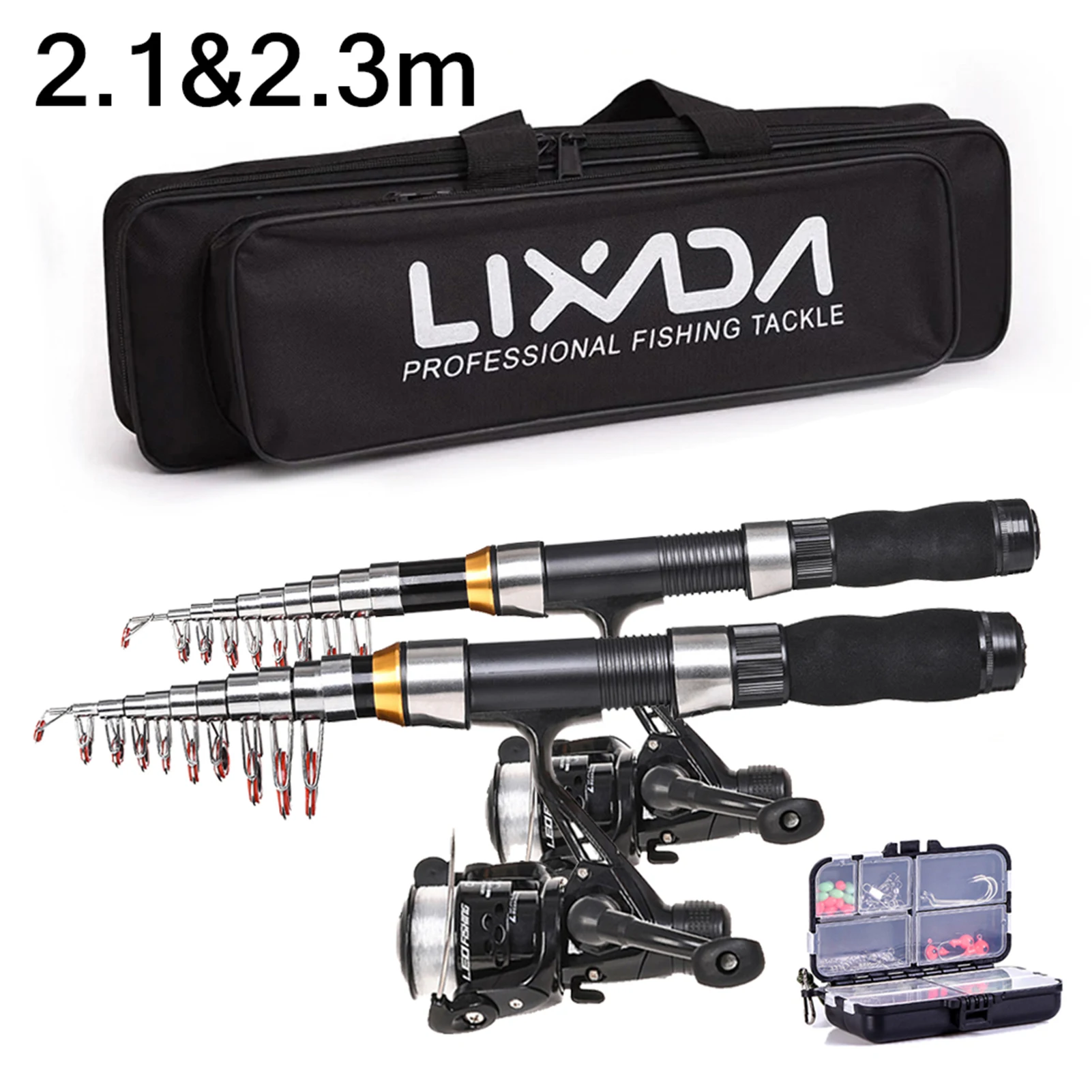 

Lixada Fishing Rod Reel Combo Full Kit w 2.1m2.3 m Telescopic Fishing Rods 2PCS Spinning Reels Set Soft Lures Barrel Swivels Bag