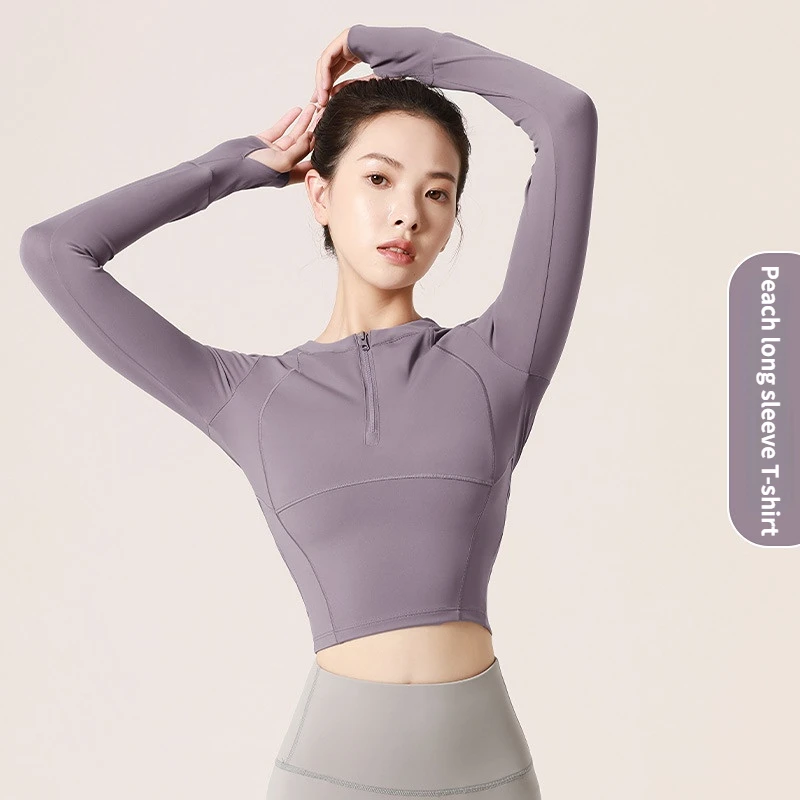 

Airy Yoga Suit Women Long Sleeve Stand Collar Zipper Cropped Sports Top Fast Dry Stretch Running Fitness T-shirt Gym Stretch Top