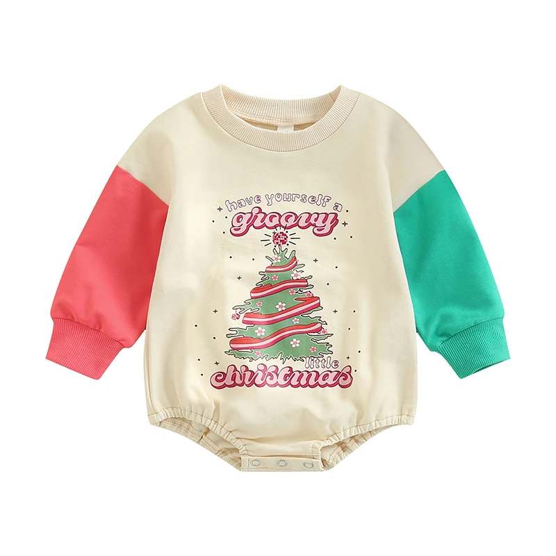 

Bmnmsl Baby Girls Christmas Romper, Long Sleeve Crew Neck Santa Claus/Tree Print Bodysuit for Casual Daily