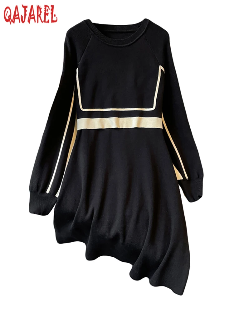 

2023 черное вязаное лоскутное платье миди с имитацией двух частей, осенне-зимнее плотное теплое платье-свитер, женское корейское винтажное платье Хепберн