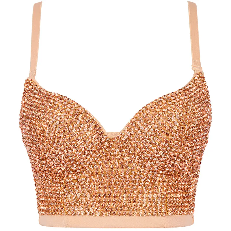

Colored Beaded Slings Outside Wearing Rhinestones Crop Tops Back Shaping Push Up Corset Stage Tube Bustier Girl Female Camisole