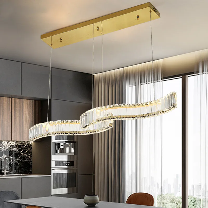 Modern Dining Room Dimmable Led Pendant Lights Gold / Chrome Wave Steel Lustre K9 Crystal Led Luminarias Adjustable chandeliers
Modern Dining Room Dimmable Led Pendant Lights Gold / Chrome Wave Steel Lustre K9 Crystal Led Luminarias Adjustable chandeliers