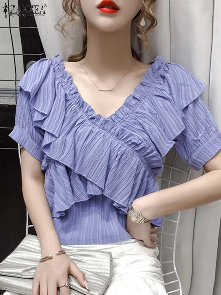 ZANZEA Elegant Women Ruffles Tops Summer Short Sleeve Blusa Bohemian Solid Blusas Oversized Casual Holiday Camisas Loose Tunic
ZANZEA Elegant Women Ruffles Tops Summer Short Sleeve Blusa Bohemian Solid Blusas Oversized Casual Holiday Camisas Loose Tunic