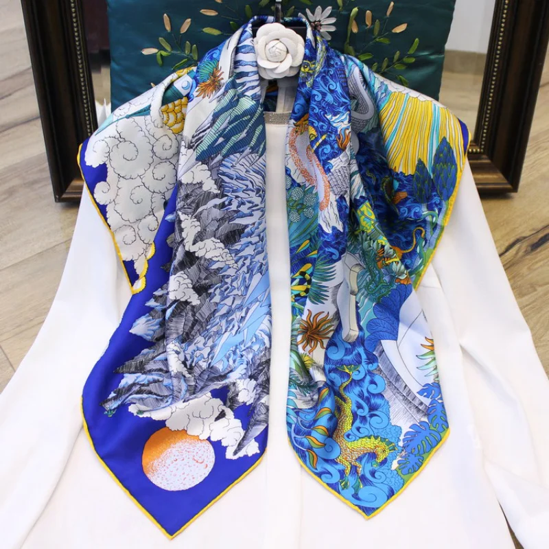 

Mulberry Silk Scarf For Women Square Shawl Wraps Bandana Head Hijab Scarves For Ladies 90*90CM Luxury Print Kerchief Neck Scarfs
