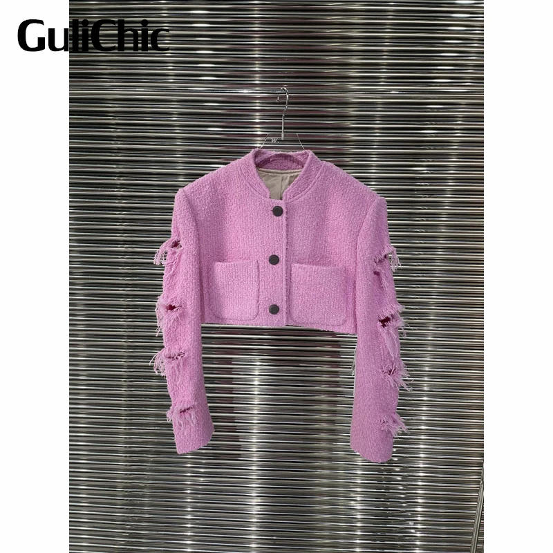 Женская короткая твидовая куртка GuliChic, повседневная однобортная куртка с воротником-стойкой и карманами, украшенная бахромой, 2,15 
Женская короткая твидовая куртка GuliChic, повседневная однобортная куртка с воротником-стойкой и карманами, украшенная бахромой, 2,15