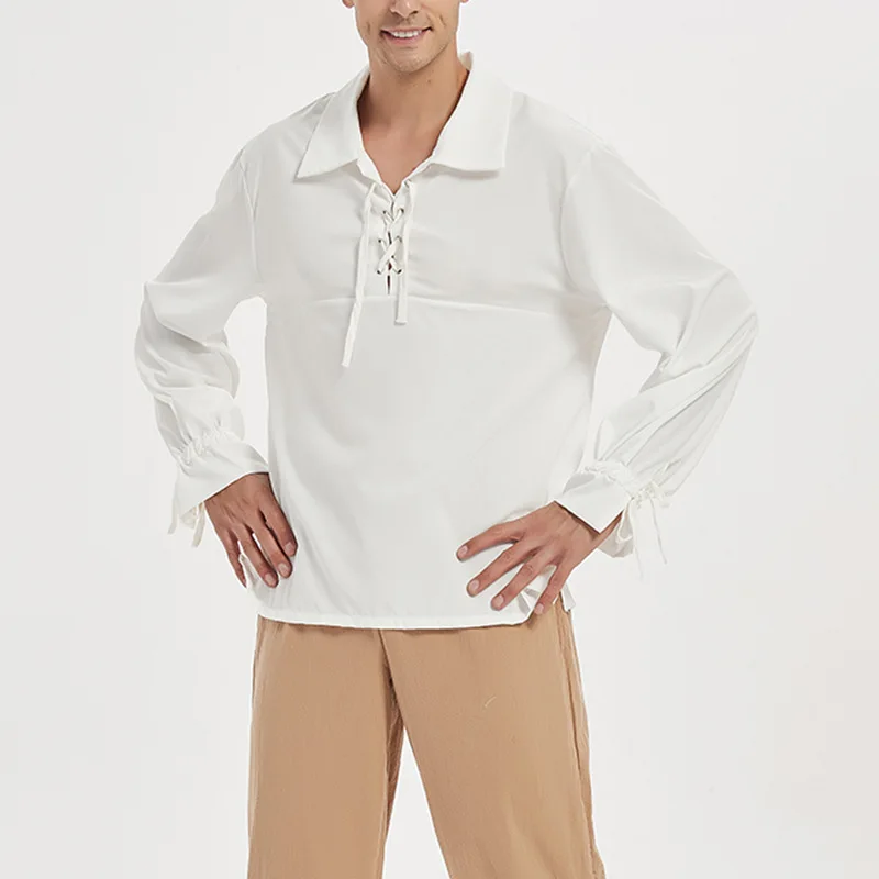 

Белая винтажная рубашка со шнуровкой и отложным воротником, с длинным рукавом, в средневековом стиле, Пиратская одежда для косплея на Хэллоуин, готическая одежда, y2k, топ в стиле стимпанк