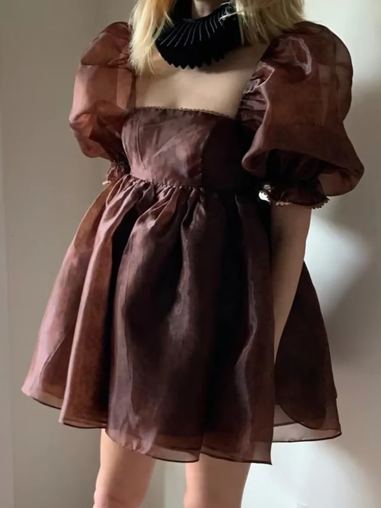 2022 Women Coffee Print Organza Dress Vintage Puff Sleeve Elegant Square Neck Female Party Mini Dresses
2022 Women Coffee Print Organza Dress Vintage Puff Sleeve Elegant Square Neck Female Party Mini Dresses