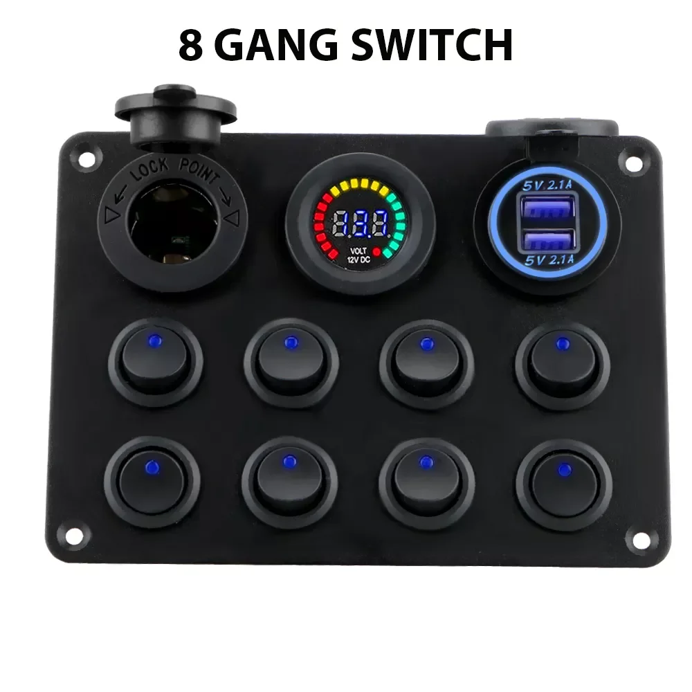 

8 Gang 12/24V Car Push Button LED Toggle Rocker Switch Panel For Car RV Truck Boat Caravan 2 USB Charger Circuit Breaker