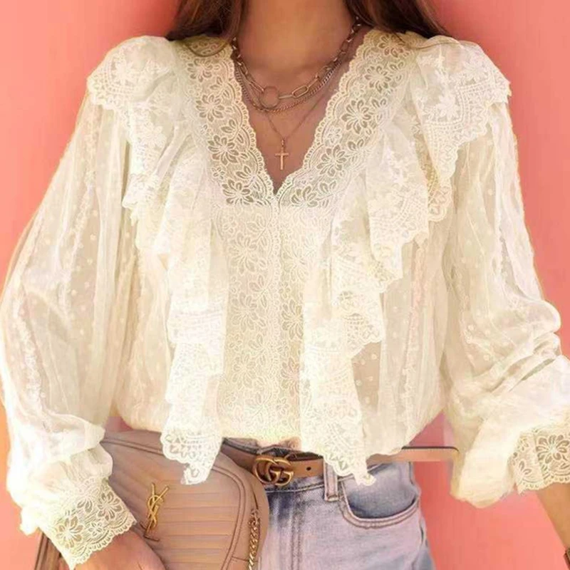 Autumn Long Sleeve Loose Ruffles Blouse Women Vintage White Floral Lace Shirt Woman Elegant V-Neck Tops Women Blusas Mujer 28015 
Autumn Long Sleeve Loose Ruffles Blouse Women Vintage White Floral Lace Shirt Woman Elegant V-Neck Tops Women Blusas Mujer 28015