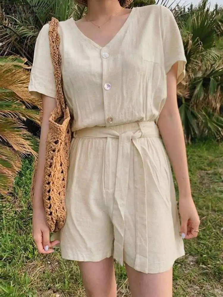 Women Summer Short Sets ZANZEA Casual V-neck Short Sleeve Shirt Tracksuits Solid Color Belted 2pcs Outfits Holiday Matching Sets
Women Summer Short Sets ZANZEA Casual V-neck Short Sleeve Shirt Tracksuits Solid Color Belted 2pcs Outfits Holiday Matching Sets