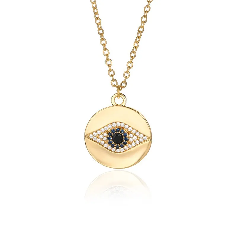 

Gold Plated Brass Cubic Zirconia Evil Eye Round Disc Pendant Necklace for Women Good luck Gift Fashion Jewelry