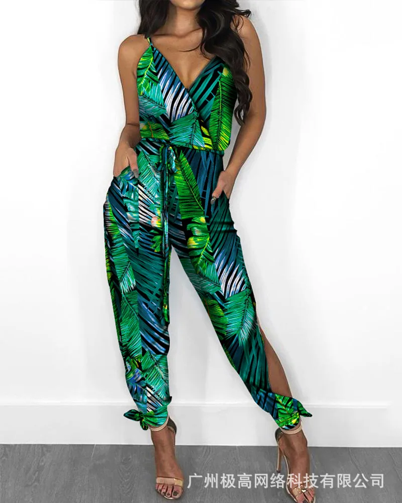 Women's Jumpsuit Fashion Green Leaf Print Sleeveless Hollow High Waist Tie Spring Summer V-neck Sexy Commuter Fashion Jumpsuit
Women's Jumpsuit Fashion Green Leaf Print Sleeveless Hollow High Waist Tie Spring Summer V-neck Sexy Commuter Fashion Jumpsuit