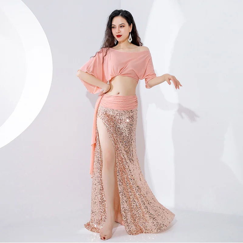 

Belly Dance Practice Suit for Women Bellydancing Yarn Short Sleeves Top+Mermaid Sequin Skirt Oriental Dance Exercise Clothing