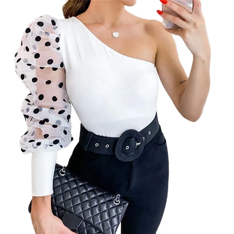 Summer Women Single Shoulder T-Shirts Dot Print Puff Sleeve T-Shirts Casual Skew Collar Tops Female Clothes
Summer Women Single Shoulder T-Shirts Dot Print Puff Sleeve T-Shirts Casual Skew Collar Tops Female Clothes
