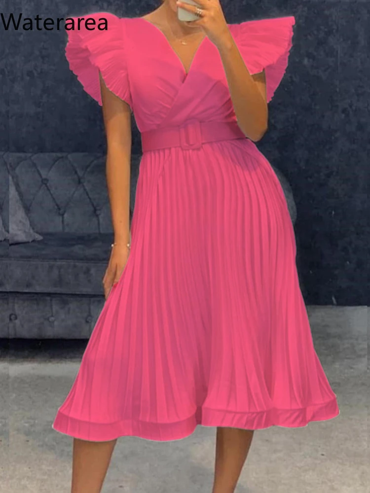 Waterarea-vestido de verano con cuello en V y mangas voladoras, plisado, con cinturón de cintura alta, holgado
Waterarea-vestido de verano con cuello en V y mangas voladoras, plisado, con cinturón de cintura alta, holgado