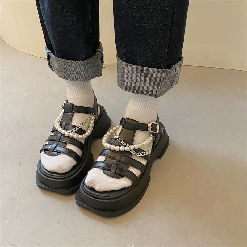 Black Gladiator Sandals Platform Women Leather Woven Design T-Strap Wedges Retro Summer Ladies Shoes Beach String Bead Decorate
Black Gladiator Sandals Platform Women Leather Woven Design T-Strap Wedges Retro Summer Ladies Shoes Beach String Bead Decorate