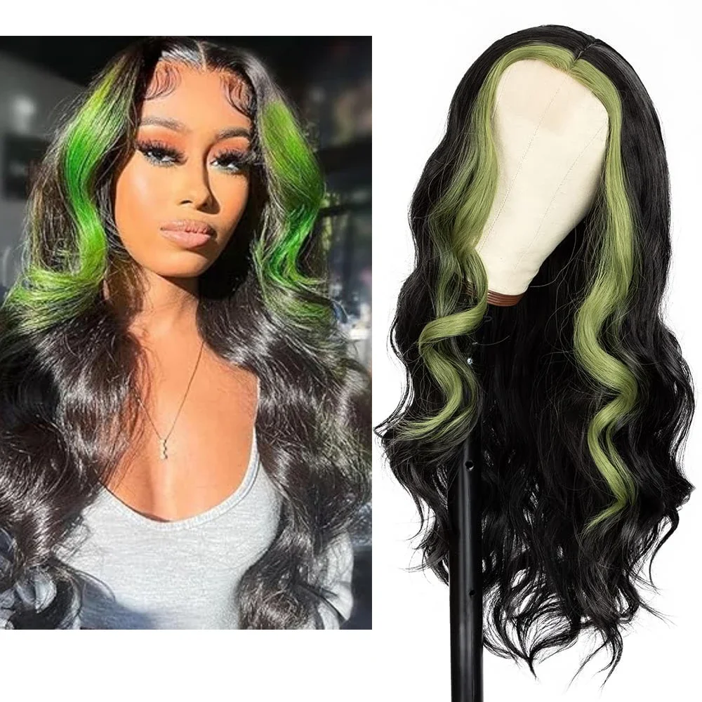 

Green Skunk Stripe Wig Synthetic Lace Wig 22inch Long Wavy Ombre Wigs for Black Women Middle Part Fake Scalp Body Wavy Wig