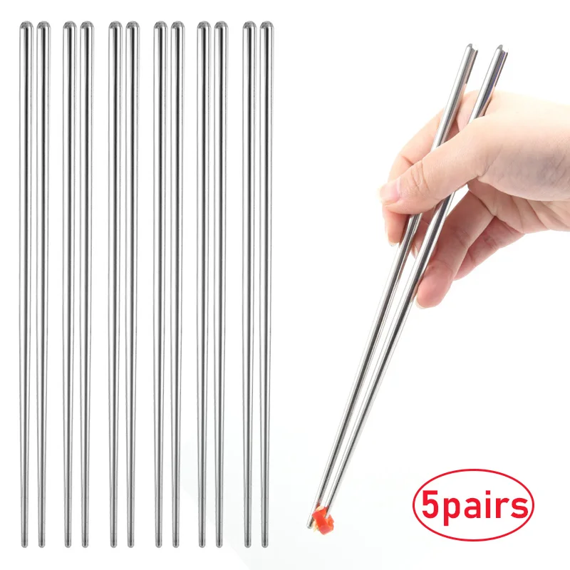 

5Pairs Stainless Steel Chopsticks Reusable Non-slip Sushi Chopsticks High Temperature Sterilizable Sticks Kitchen Accessories