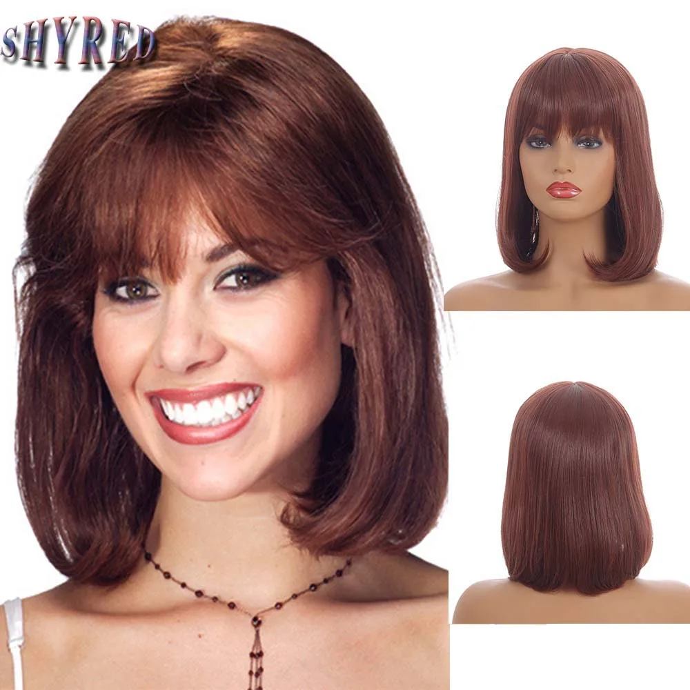 

Short Straight Bob Wigs with Bang White Mixed Brown Synthetic Hair for Women Daily Cosplay Heat Resistant Fiber Wigs