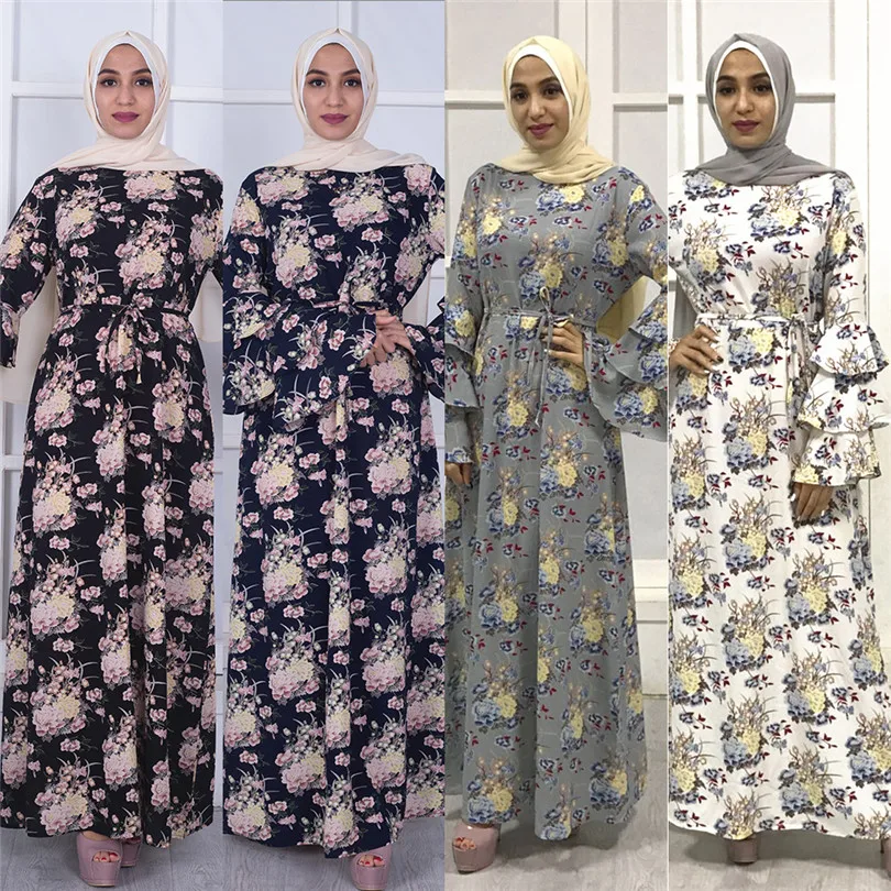 

2020 мусульманское платье с цветочным принтом Abaya с расклешенными рукавами, марокканский кафтан, пакиста, женское платье Дубая, мусульманские...