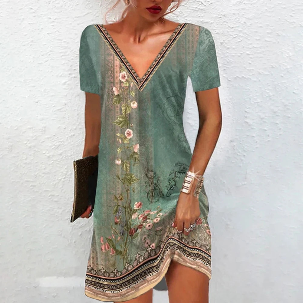 Womens Boho Dress Vintage V Neck Short Sleeve Floral Dress Ladies Summer Casual Loose Straight Sundress Daily Temperament dress
Womens Boho Dress Vintage V Neck Short Sleeve Floral Dress Ladies Summer Casual Loose Straight Sundress Daily Temperament dress