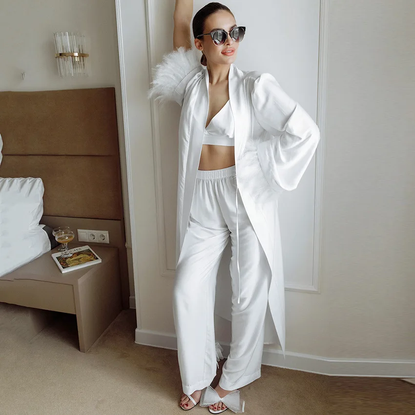 Women Kimono Bathrobe Gown White Bride Wedding Pajamas Suir Long Sleeve Feather Robes Loungewear Sexy Cami&pants Home Clothes
Women Kimono Bathrobe Gown White Bride Wedding Pajamas Suir Long Sleeve Feather Robes Loungewear Sexy Cami&pants Home Clothes