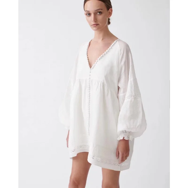 

Australian Niche Josli*n Dress Women's Linen Long Sleeved 2023 Summer New V-neck Loose Fitting Doll Dress Vacation Style