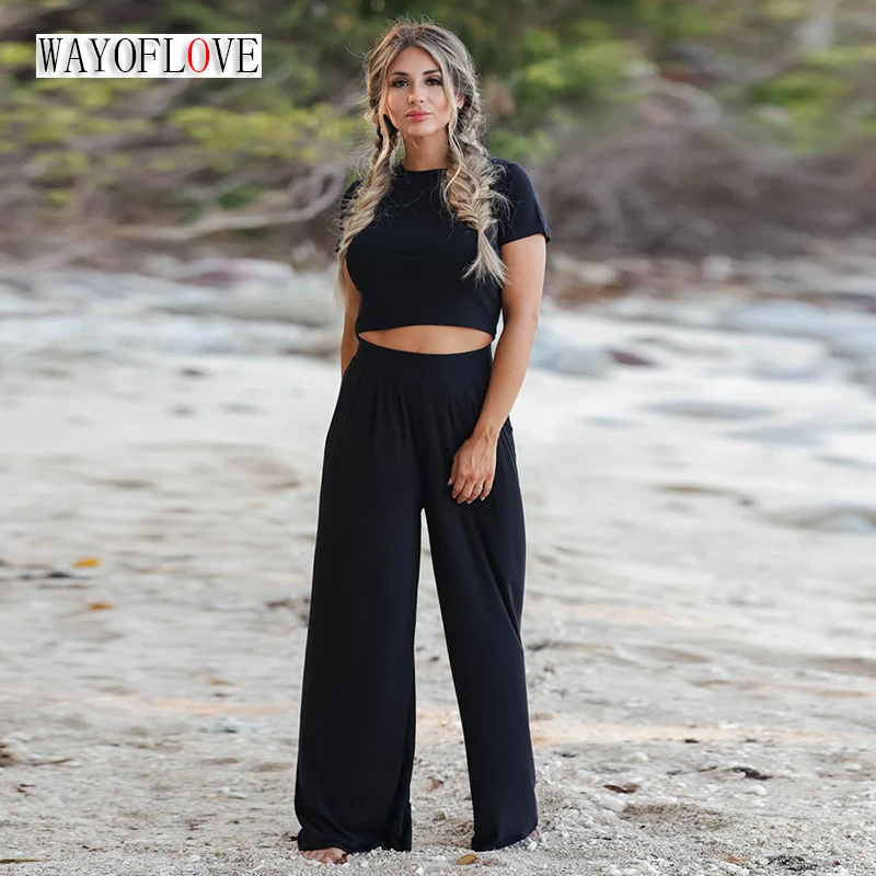WAYOFLOVE Spring Summer Casual Two Piece Sets Womens Outifits O Neck Tshirt Tops And Wide Leg Tracksuit Women Solid Women's Suit 
WAYOFLOVE Spring Summer Casual Two Piece Sets Womens Outifits O Neck Tshirt Tops And Wide Leg Tracksuit Women Solid Women's Suit