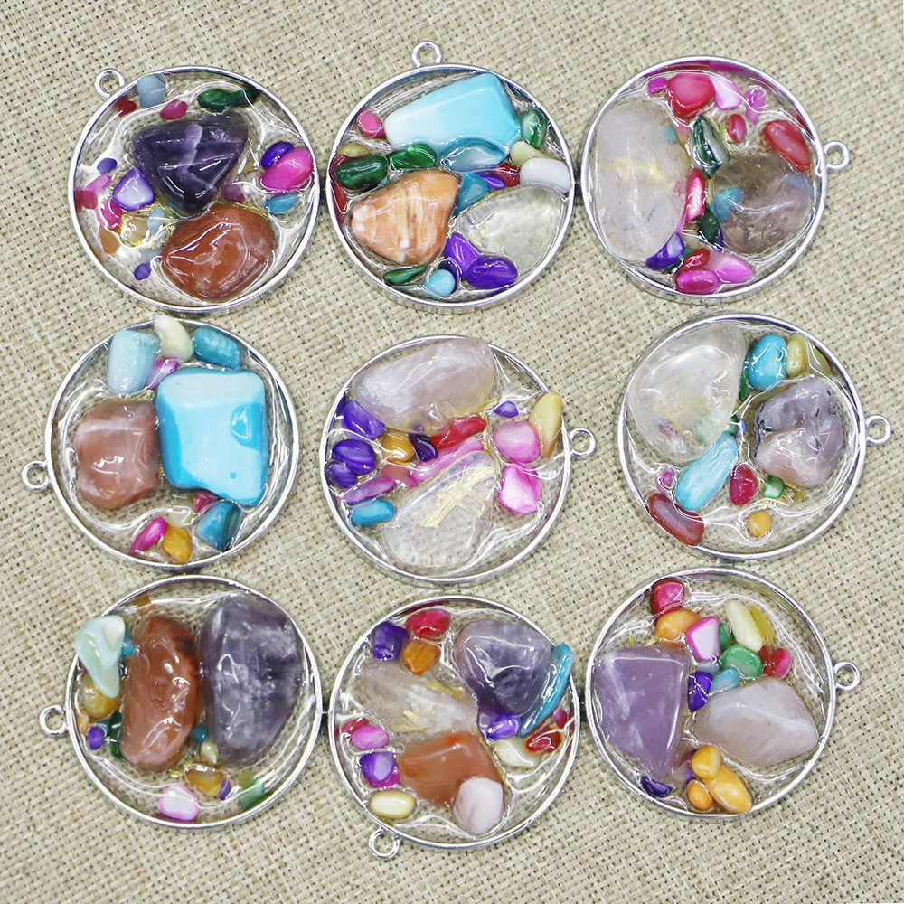 

Natural Multicolor Crushed Stones Resin Round Pendants Necklace Reiki Charms Fashion Jewelry Makeing Accessories Wholesale 10Pcs