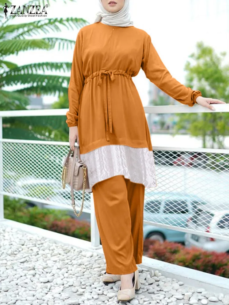 ZANZEA Elegant Muslim Suit Lace Patchwork O-Neck Long Sleeve Blouse Wide Leg Pants 2PCS Casual Set Solid Set Abaya Kaftan 2023
ZANZEA Elegant Muslim Suit Lace Patchwork O-Neck Long Sleeve Blouse Wide Leg Pants 2PCS Casual Set Solid Set Abaya Kaftan 2023