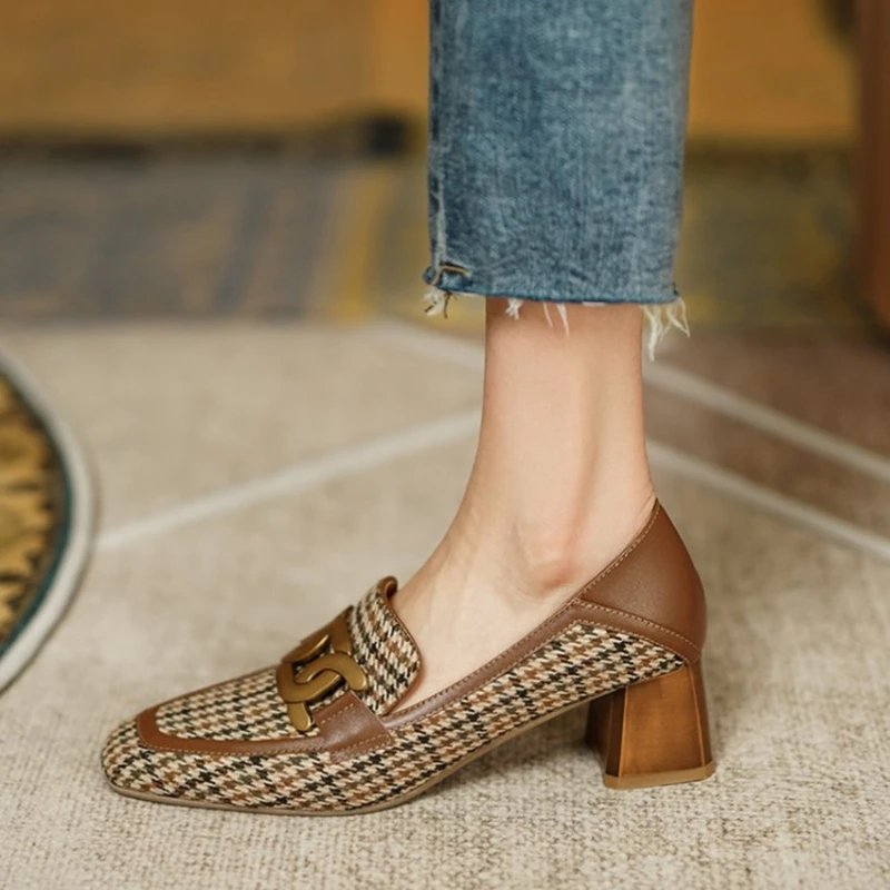 

New Autumn Women Loafers Square Toe Chunky Heel Shoes for Women Spring Women Shoes Lattice Women Pumps Shoes Zaptos De Mujer