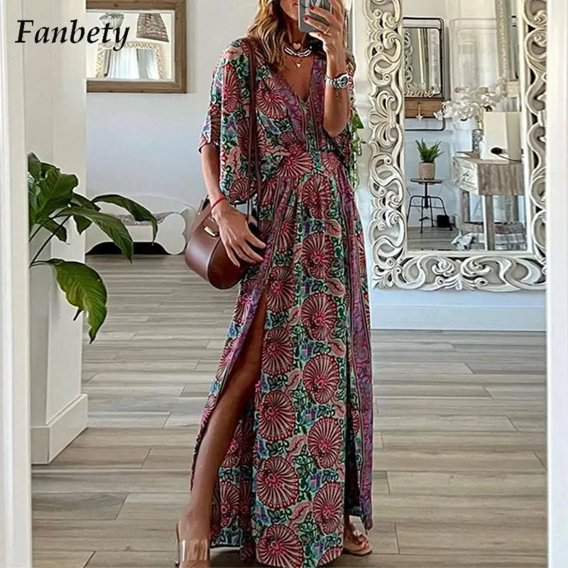 Women Elegant Pattern Print Long Dress Autumn Office Fashion V Neck High Slit Beach Dress Ladies Casual 3/4 Sleeve Boho Dress
Women Elegant Pattern Print Long Dress Autumn Office Fashion V Neck High Slit Beach Dress Ladies Casual 3/4 Sleeve Boho Dress
