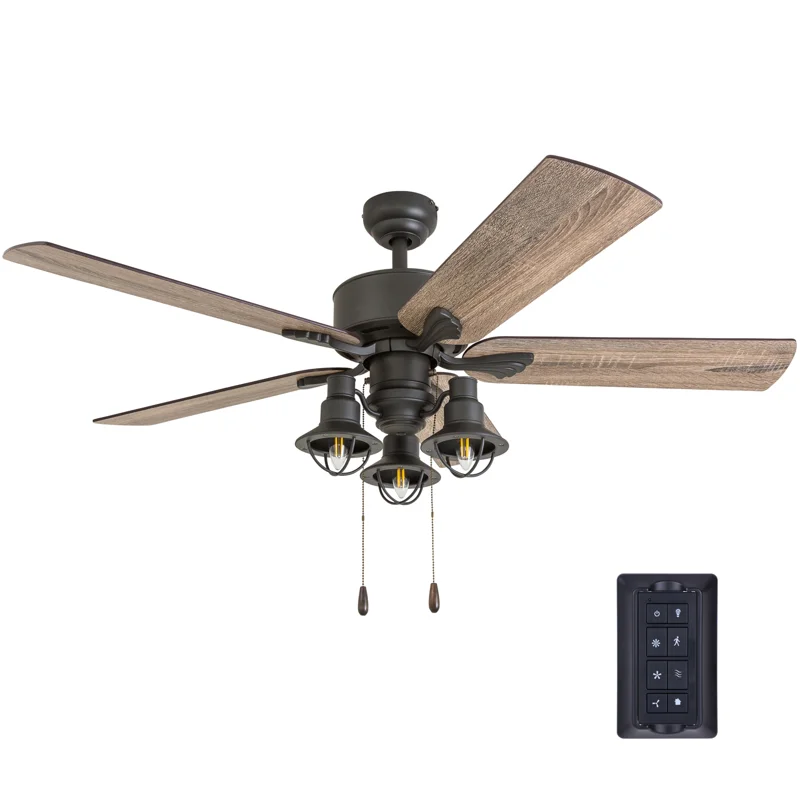 52" Bronze Ceiling Fan with 5 Blades, 3 Arm Cage Light Kit, Remote & Reverse Airflow
52" Bronze Ceiling Fan with 5 Blades, 3 Arm Cage Light Kit, Remote & Reverse Airflow
