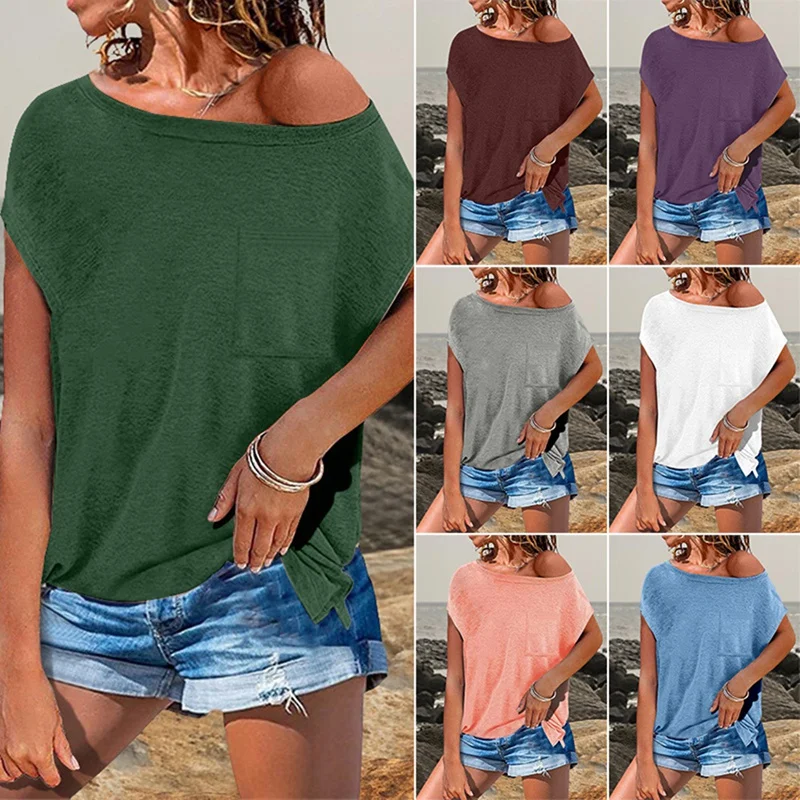 Women's Fashion Casual Solid Color Pocket Round Neck Short Sleeve T-Shirt Top 
Women's Fashion Casual Solid Color Pocket Round Neck Short Sleeve T-Shirt Top