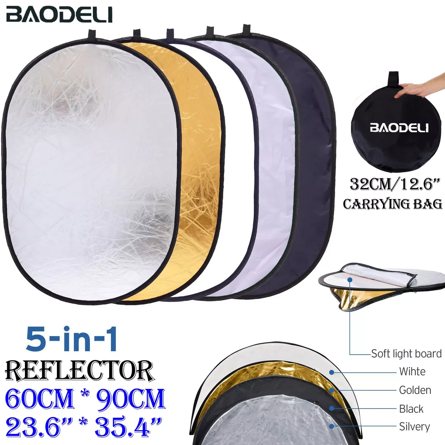 23.6"x35.4" 60x90cm 5in1 Reflector Photography Collapsible Portable Light Diffuser Oval Photo Multi Color Silvery Blac
23.6"x35.4" 60x90cm 5in1 Reflector Photography Collapsible Portable Light Diffuser Oval Photo Multi Color Silvery Blac