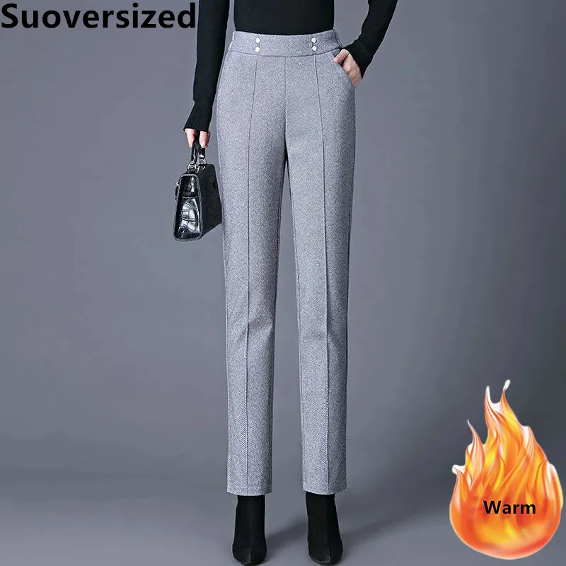 

Women Wool Blend Plus Velvet Pencil Pants High Waist Winter Warm Thicken Pantalon Streetwear Casual Korean Oversized 4xl Trouser